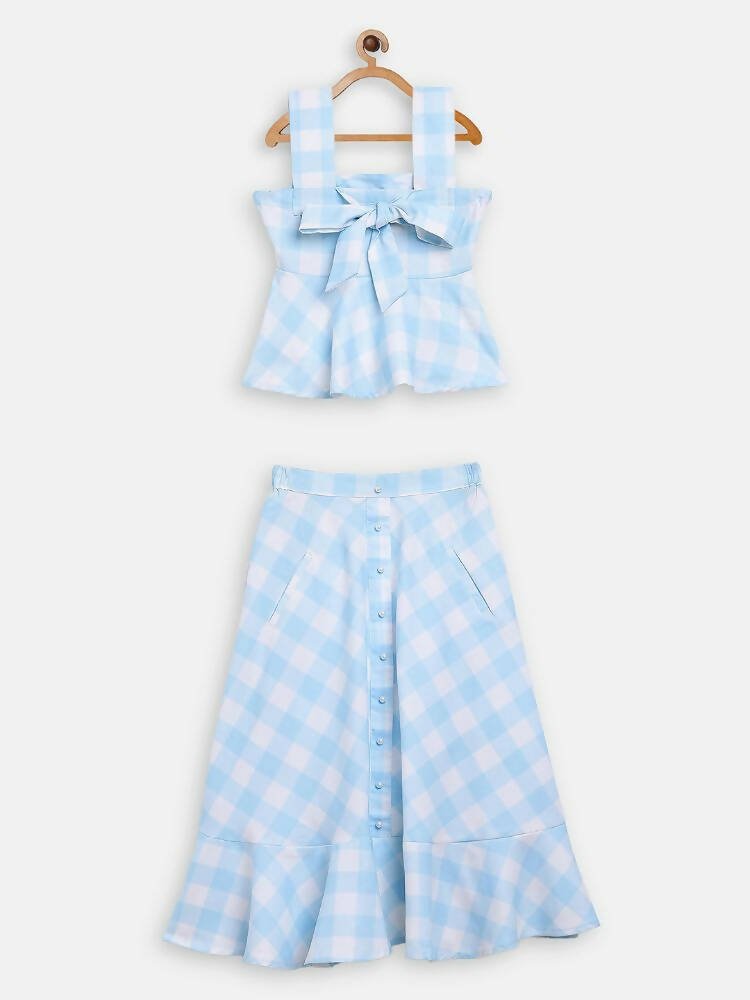 Ahalyaa Sky Blue Rayon Checked Kids Top With Skirts For Girls | Grocsy