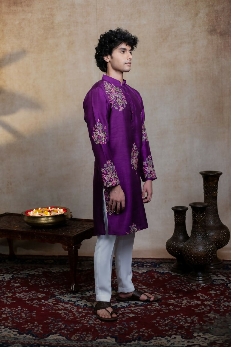 Falling Raw Silk Purple Mayura Cham Set By Hilo Design | Grocsy