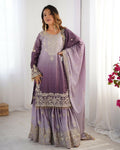 The52 Women's Beautiful Chinon silk Fabric Embroidery Work Straight Kurta Palazzo and Dupatta Set | Grocsy