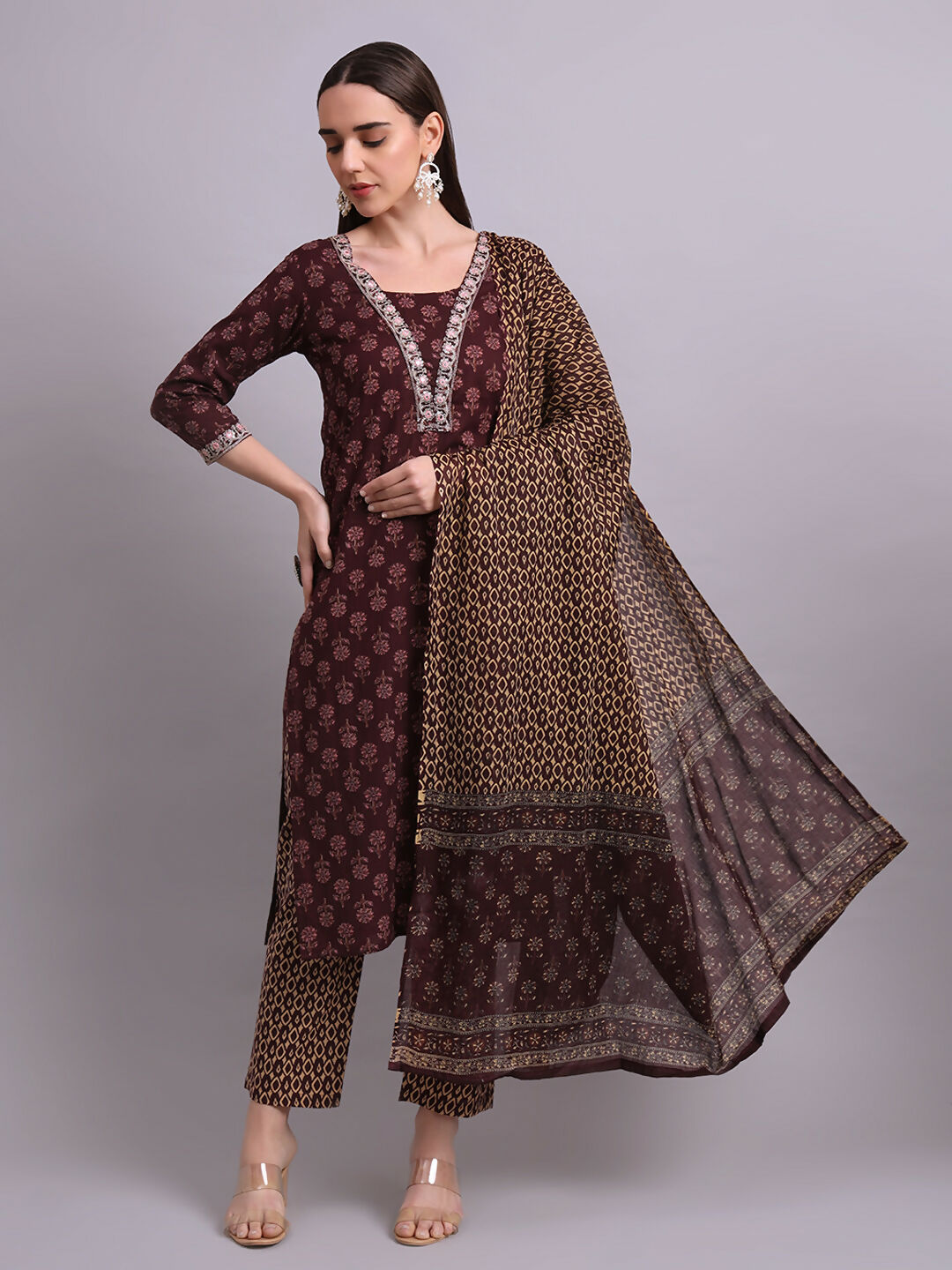 Joban Fashion Black Cotton Buti Printed & Embroidery Work Kurta With Trousers & Dupatta Set | Grocsy