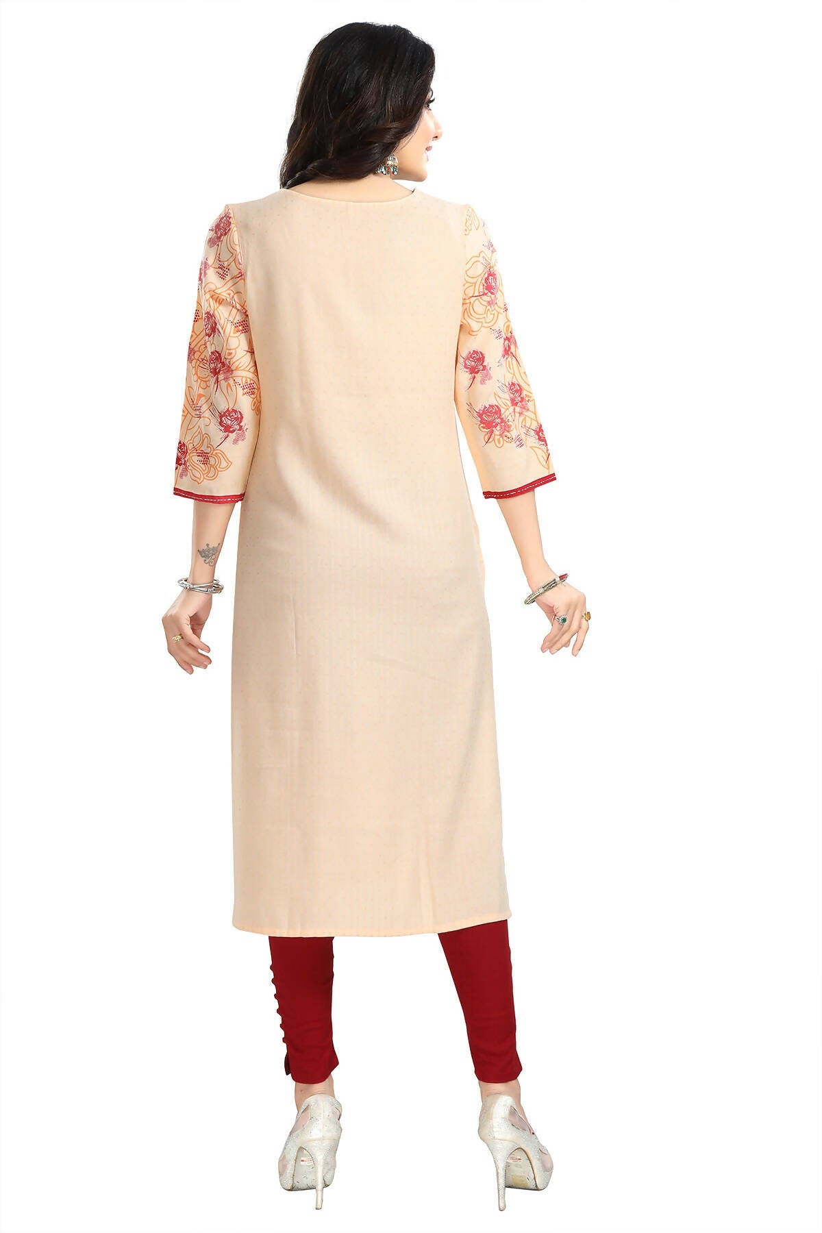 Snehal Creations Pleasing Peach Rayon Textured Print Long Kurta For Women | Grocsy