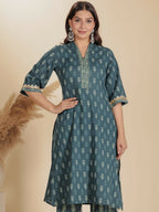 Aramya Blue Soft Cotton Block Straight Kurta for Women | Grocsy