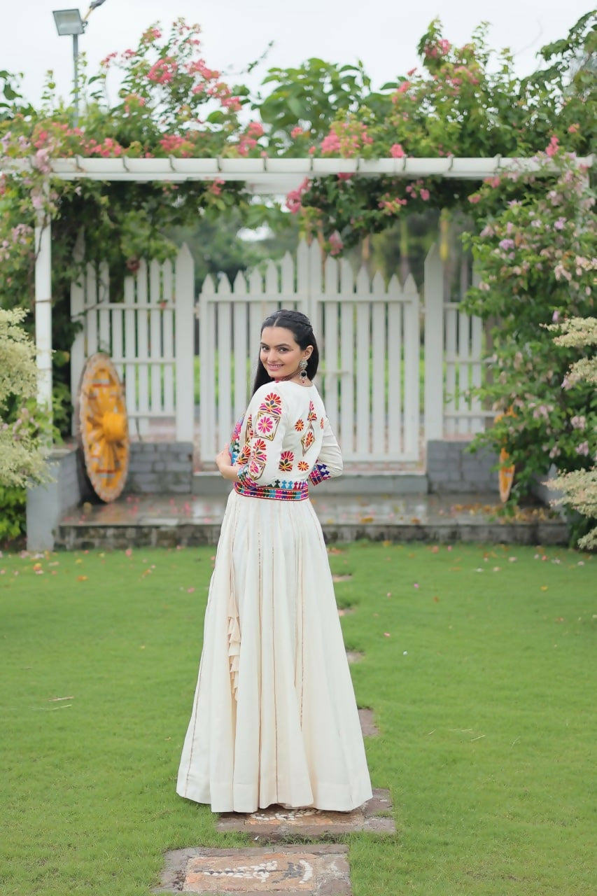 Teeya Creation White Colour Roman Silk With Gamathi Work Navratri Lehenga Choli | Grocsy