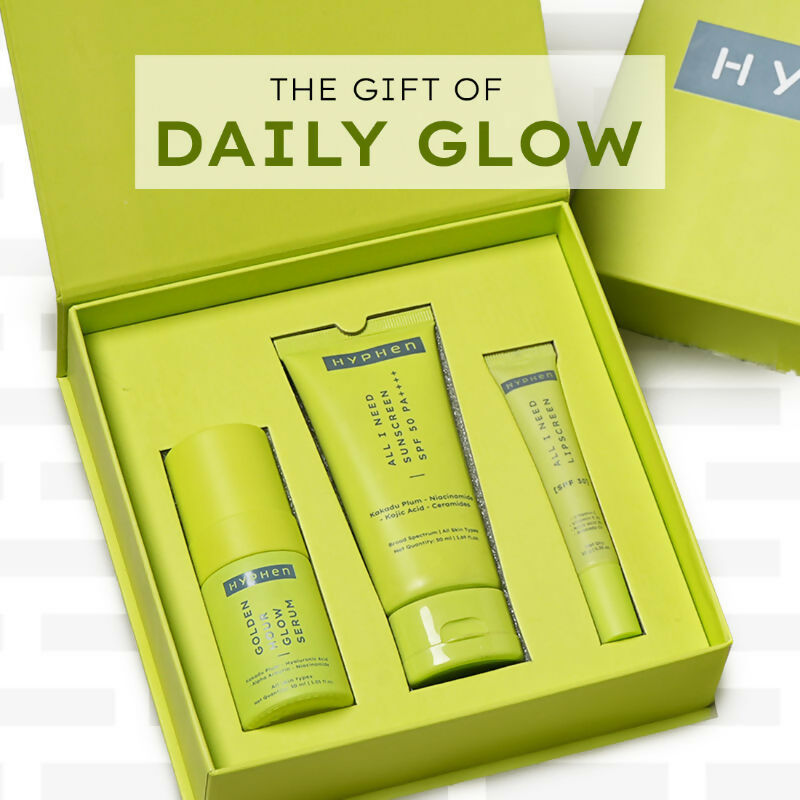 Hyphen By Kriti Sanon Daily Glow Essentials Gift Kit with Complete Skin Care Routine, with Face Serum, Moisturizing Sunscreen SPF & Lip Balm | Grocsy