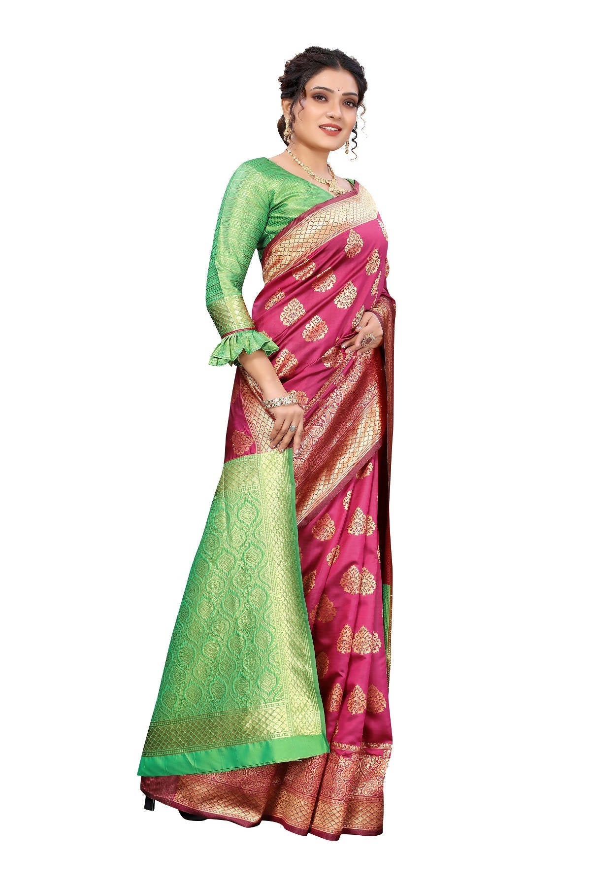 Vamika Ethnic Fire Pink Weaving Banarasi Jacquard Saree | Grocsy