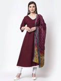Myshka Burgandy Printed Cotton Full Sleeve V Neck Casual Kurta Dupatta Set | Grocsy