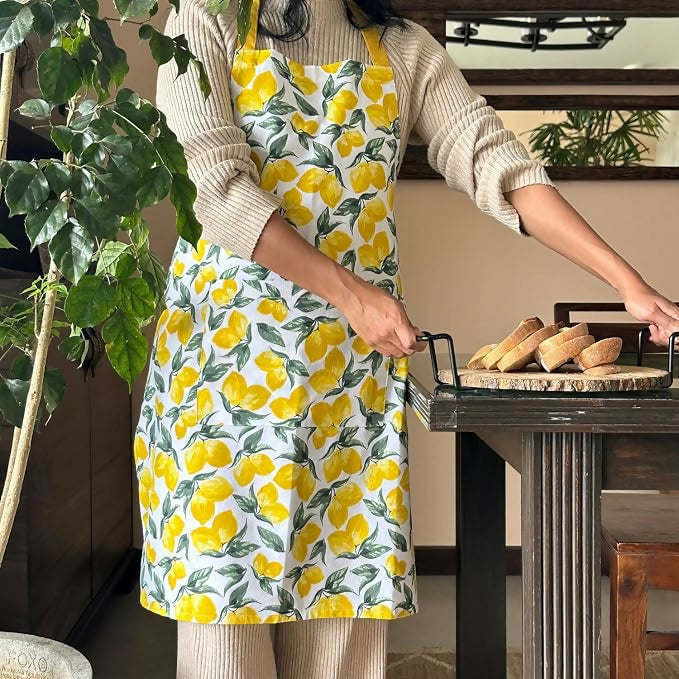 Oak & Lily 100% Cotton Kitchen Apron-Lemon Yellow | Grocsy