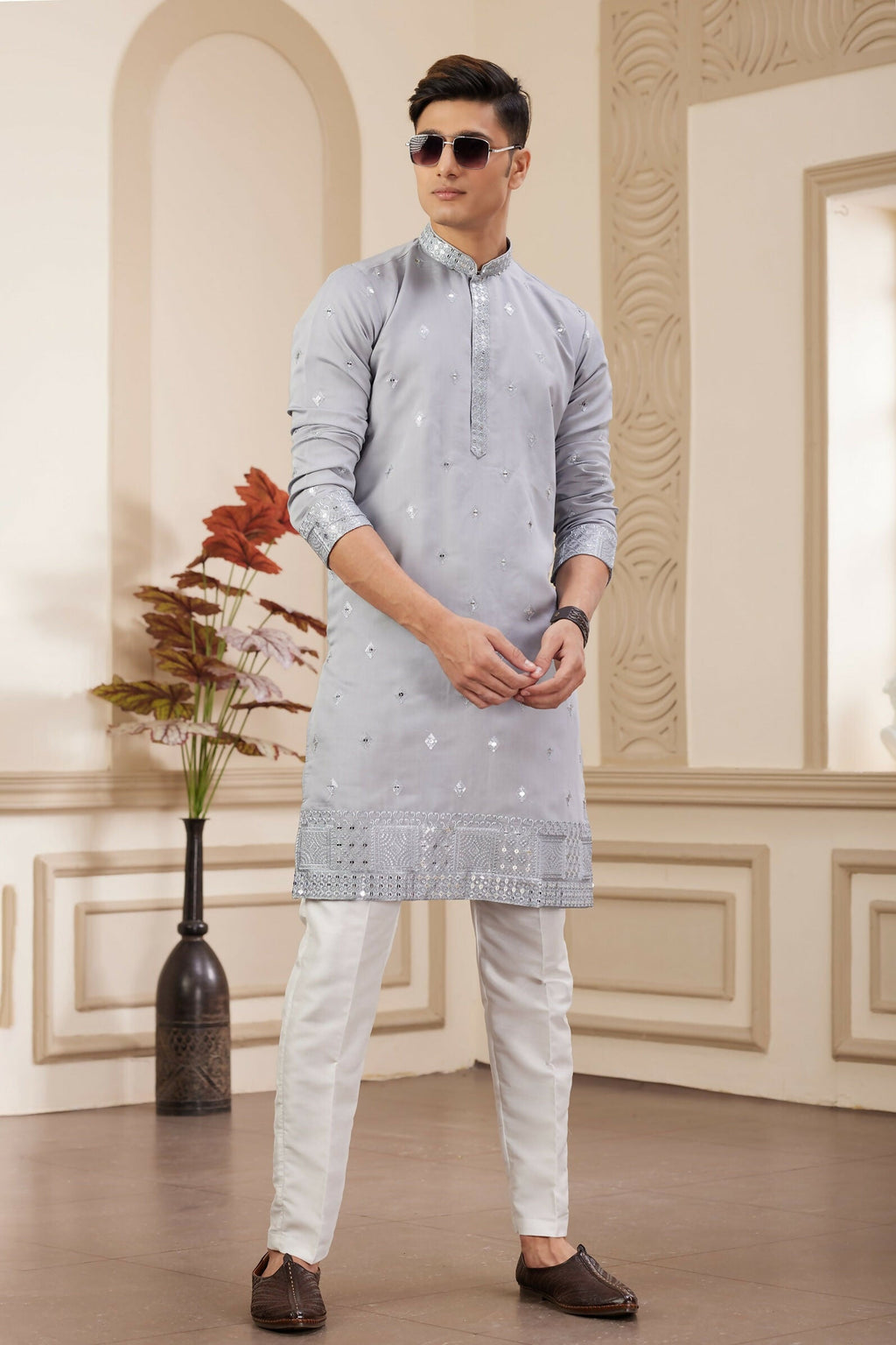 Raivat Ethnic Men's Art Silk Thread Work Kurta Pyjama In Light Grey Colour | Grocsy