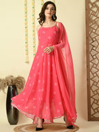 Myshka Women's Pink Georgette Sleeveless Flayered Party Kurta With Dupatta Set | Grocsy
