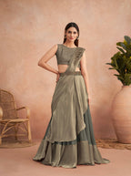 Green Satin Embroidered Ready To Wear Saree With Unstitched Blouse Piece - Nandika | Grocsy