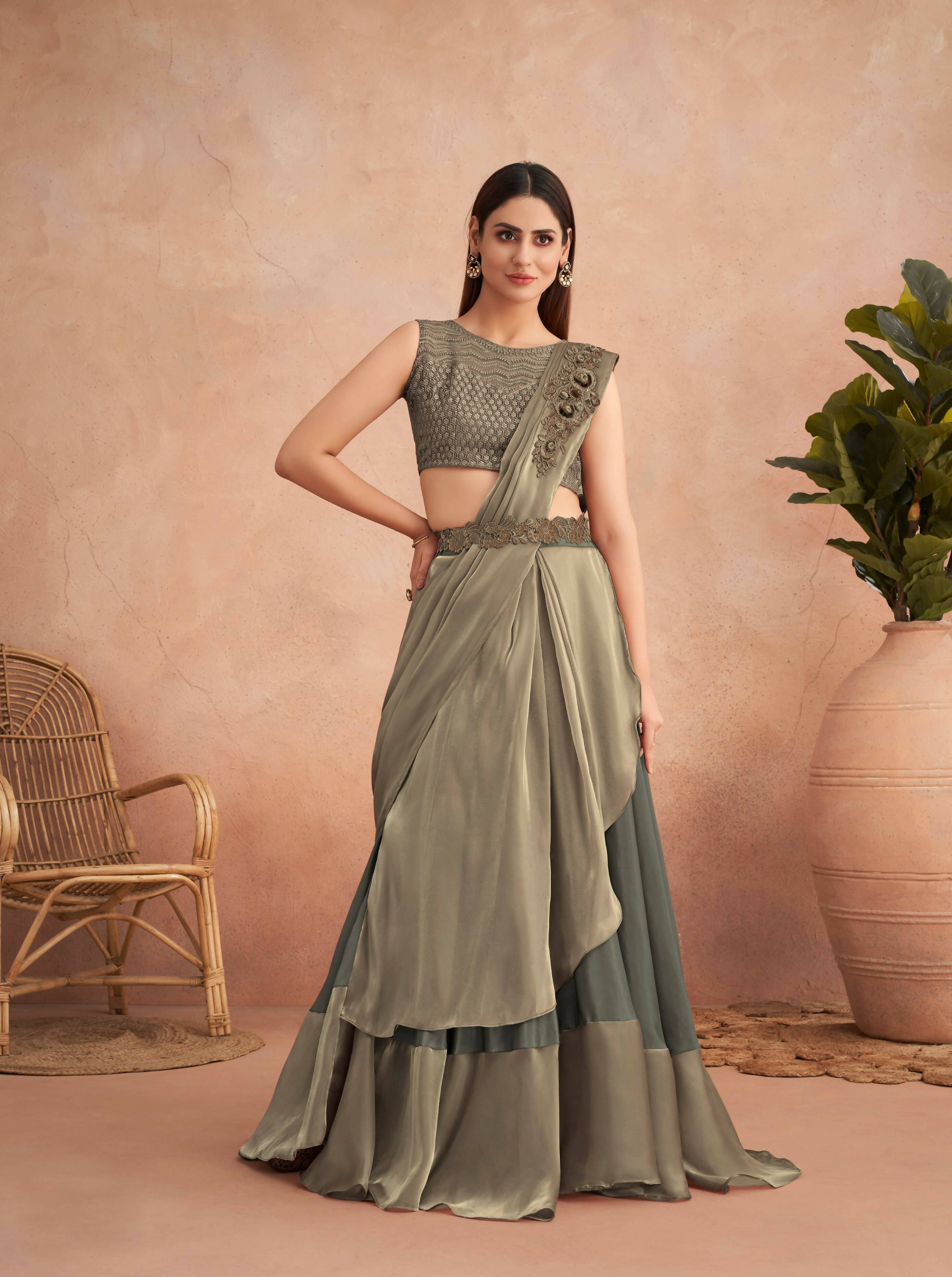 Green Satin Embroidered Ready To Wear Saree With Unstitched Blouse Piece - Nandika | Grocsy