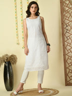 Myshka Women's White Georgette Sleeveless Straight Party Kurta | Grocsy