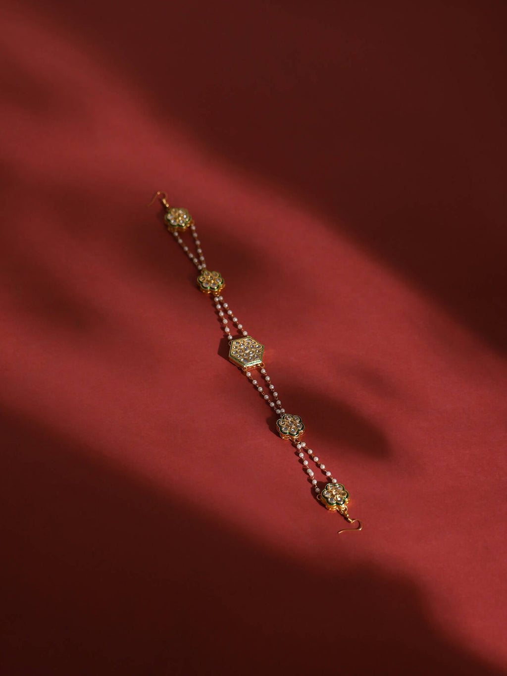 Gold-Polished White Kundan-Studded Pearl Beaded Hair Band - Ruby Raang | Grocsy