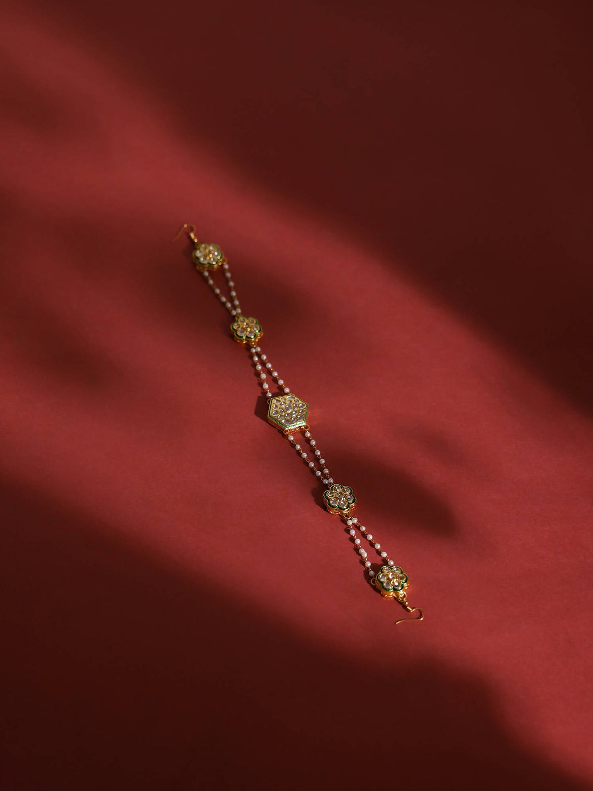 Gold-Polished White Kundan-Studded Pearl Beaded Hair Band - Ruby Raang | Grocsy