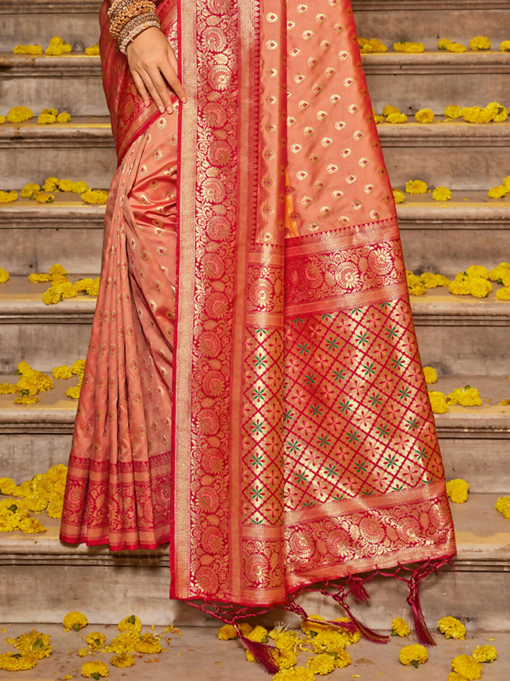 Shree Shyam Fashion Banarasi Silk Peach Saree | Grocsy