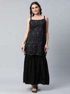 Ahalyaa Women Black Net Glitter Print Short Kurti With Sharara Dupatta Set | Grocsy