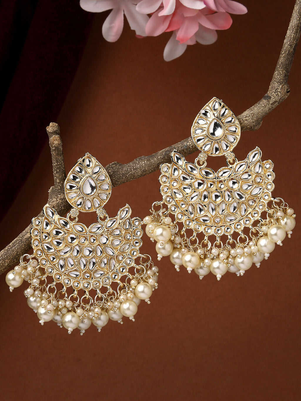 NVR Women Gold-Polished Kundan Chandbali Earrings | Grocsy