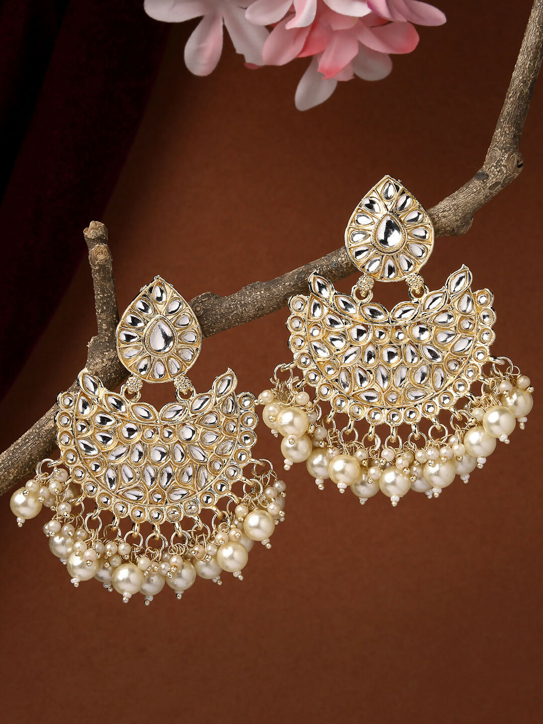 NVR Women Gold-Polished Kundan Chandbali Earrings | Grocsy