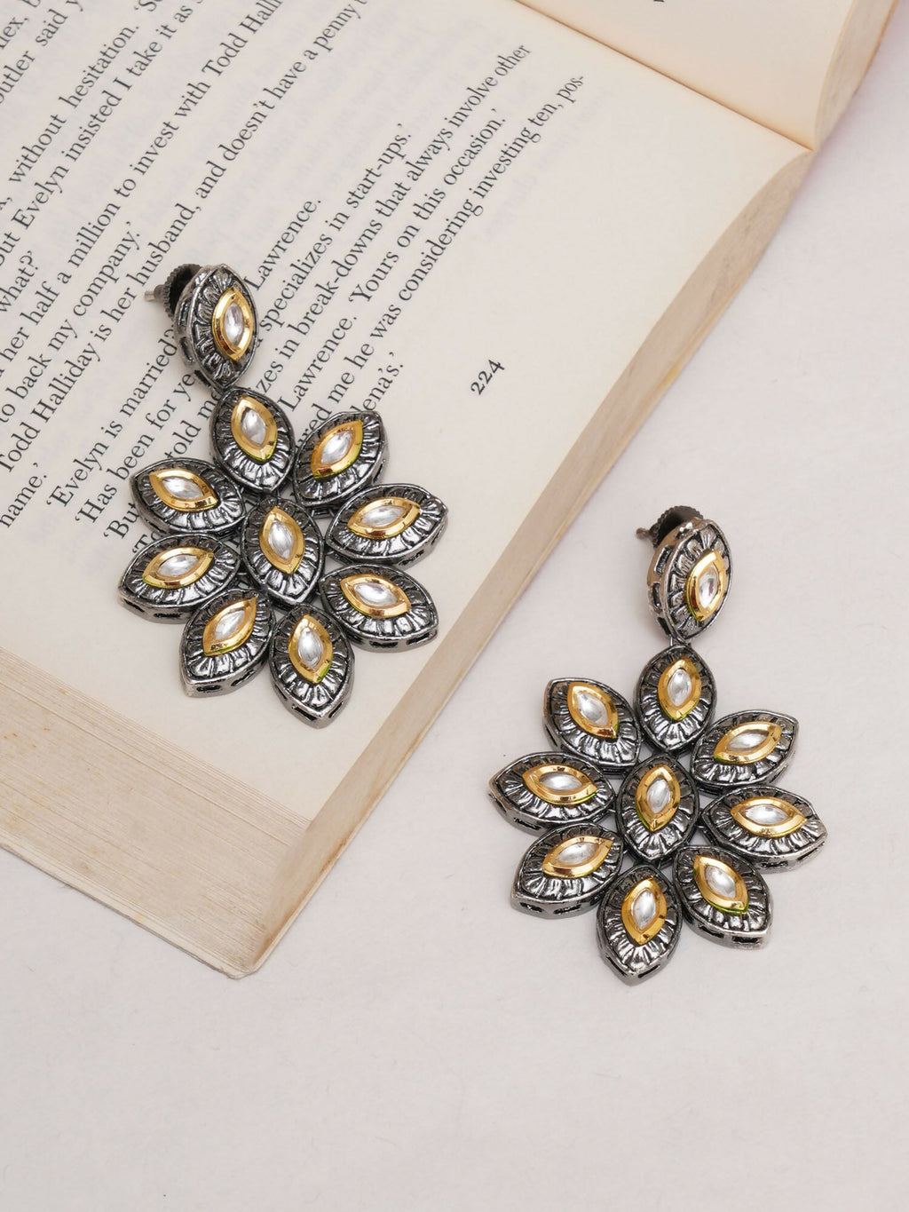 Dual Tone Kundan Flower Studs (silver) - Ruby Raang | Grocsy