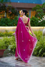 Vastranavya Pink Embroidery Work Shimmer Chiffon Saree with Unstitched Blouse | Grocsy