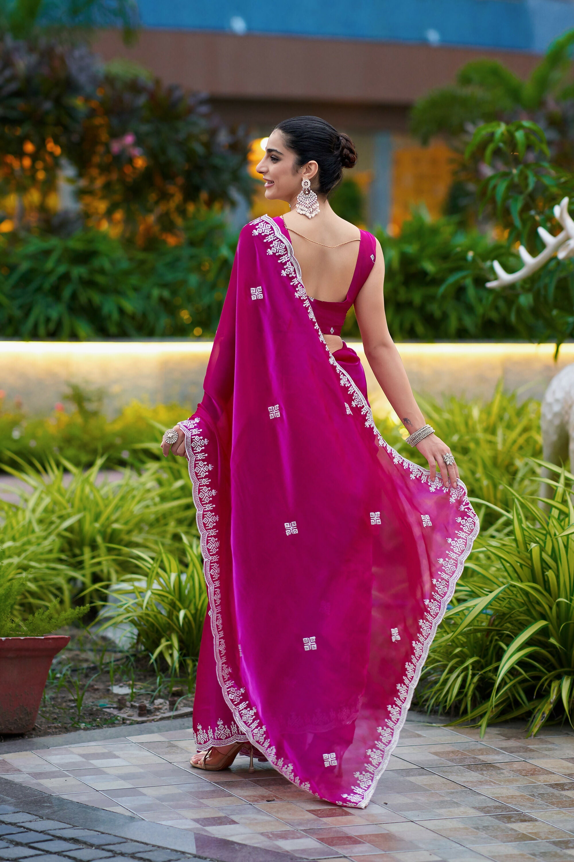 Vastranavya Pink Embroidery Work Shimmer Chiffon Saree with Unstitched Blouse | Grocsy