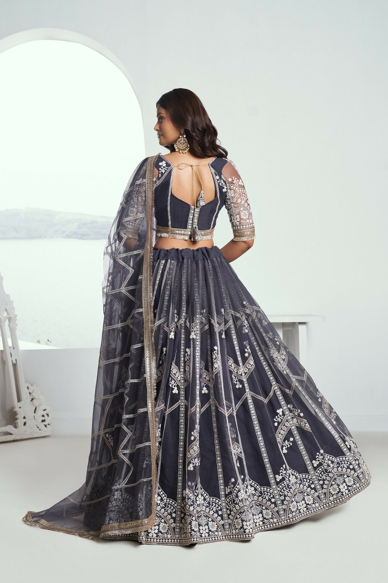 Eilara Appealing Dark Gray Net With Embroidered And Thread Zari Sequence Party Wear Lehenga Choli | Grocsy