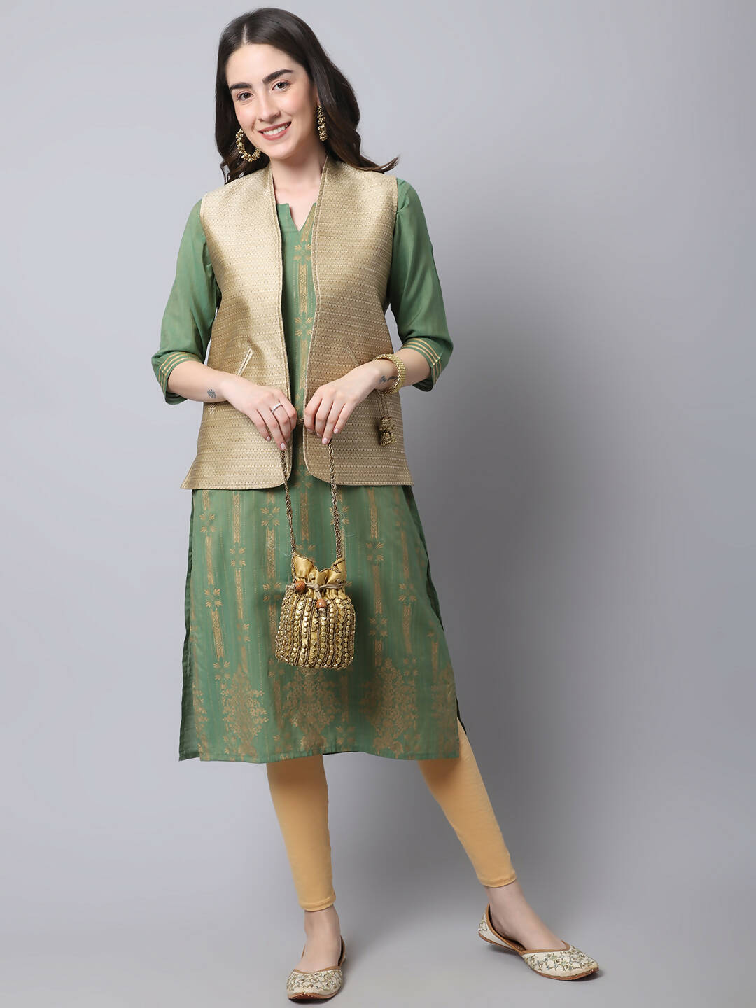 Even Apparels Beige Bansari Silk Open Front Gillet | Grocsy