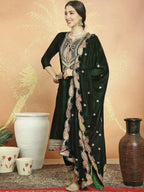 Jyoti Fashion Women's Green Velvet Cording with Resham Thread & Sequin Kurta with Trouser & Dupatta | Grocsy