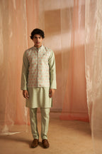 Pista Viscose Designer Printed Men's Kurta Set with Koti - Mahotsav | Grocsy
