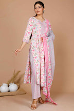 Miravan Women's Cotton Pink Floral Printed Straight Kurta Palazzo With Dupatta | Grocsy
