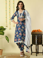 Myshka Women's Blue Pure Cotton Kurta & Trousers With Dupatta Party Sets | Grocsy