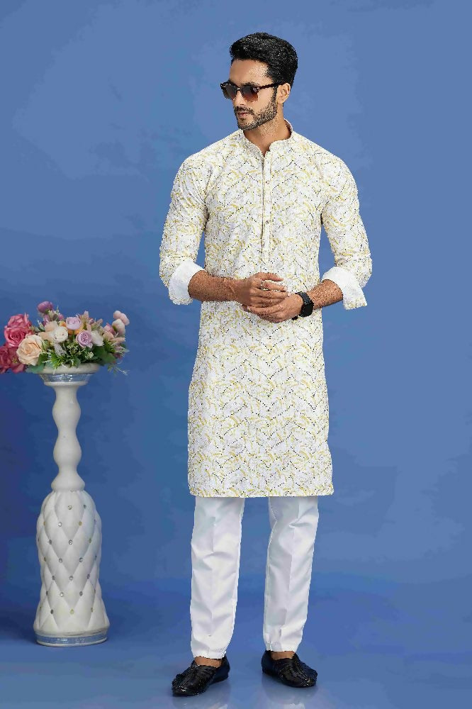 Raivat Ethnic Cotton Embroidery Kurta Pajama In Yellow Colour | Grocsy