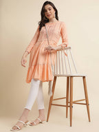 Peach Poly Cotton Yoke Embroidered A-line Top - Tarini | Grocsy