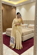 Vastranavya Yellow Linen Cotton Meenakari Weaving Pallu Saree with Contrast Blouse | Grocsy