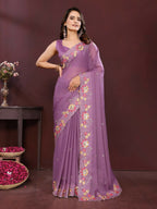 Ai Fashion Light Purple Soft Star Georgette Embroidery Party Wear Saree | Grocsy