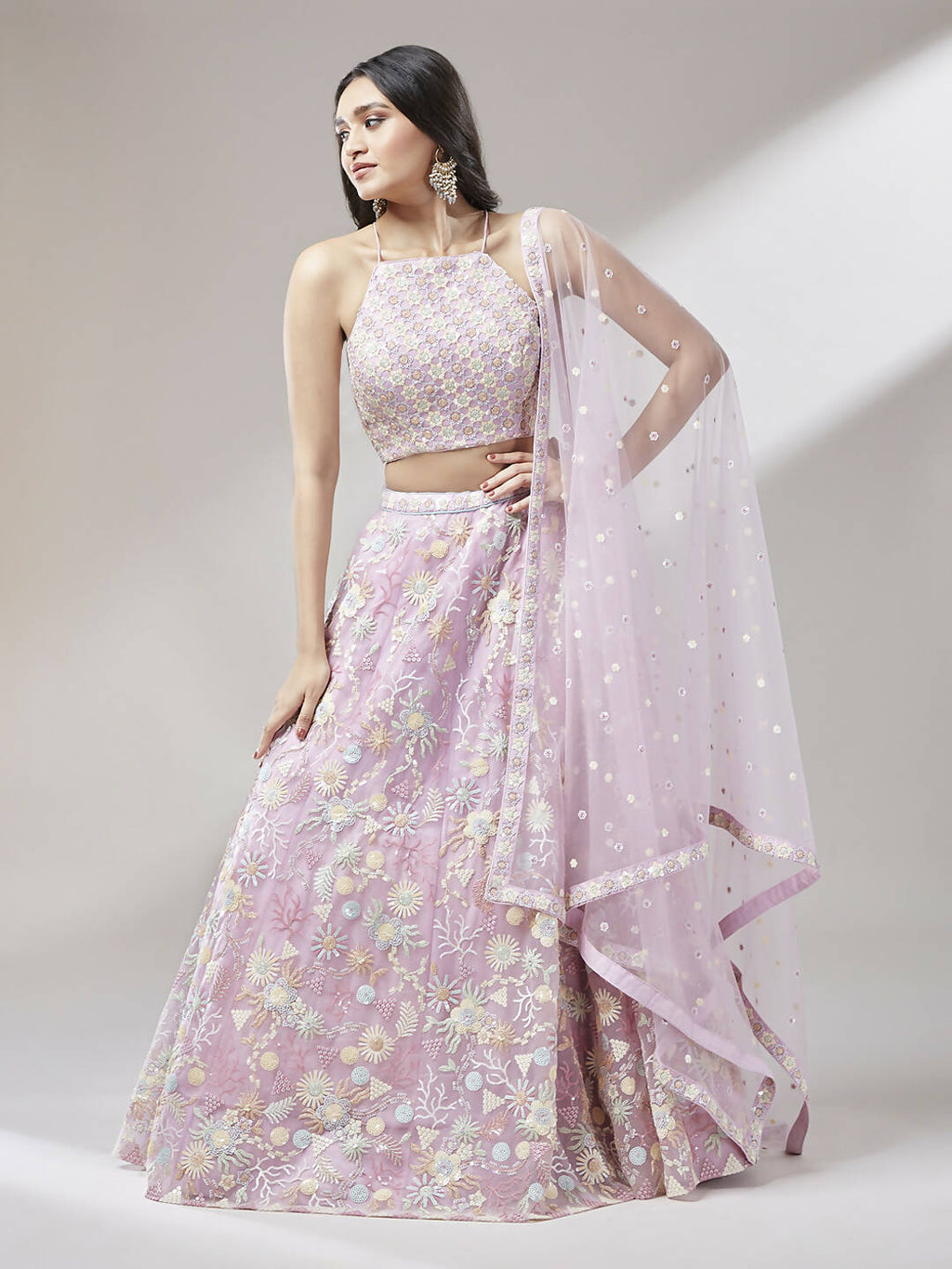 House of Panchhi Coral Net heavy Sequinse embroidery Lehenga choli & Dupatta | Grocsy
