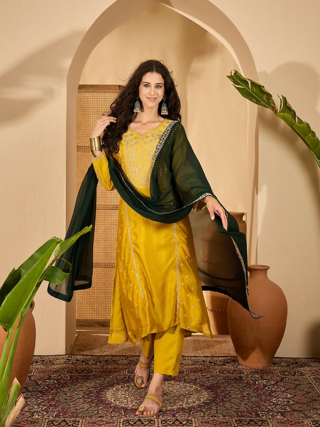 Joban Fashion Embroidery Mustard Vichitra Silk Kurta Set | Grocsy