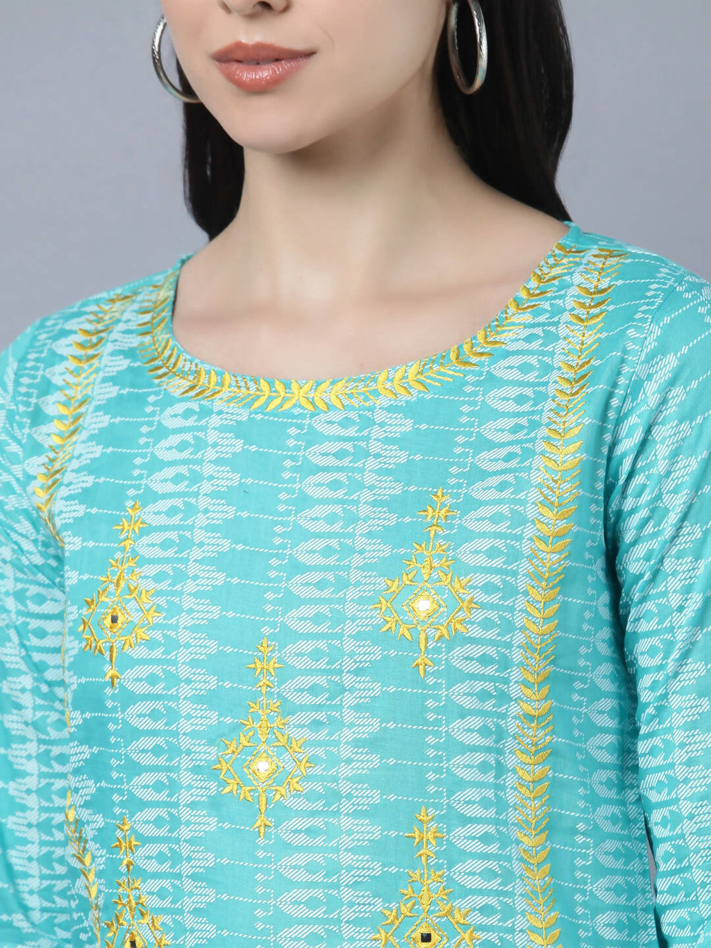 Myshka Women Turquoise Blue Layered Pure Cotton Kurti with Trousers With Dupatta Set | Grocsy