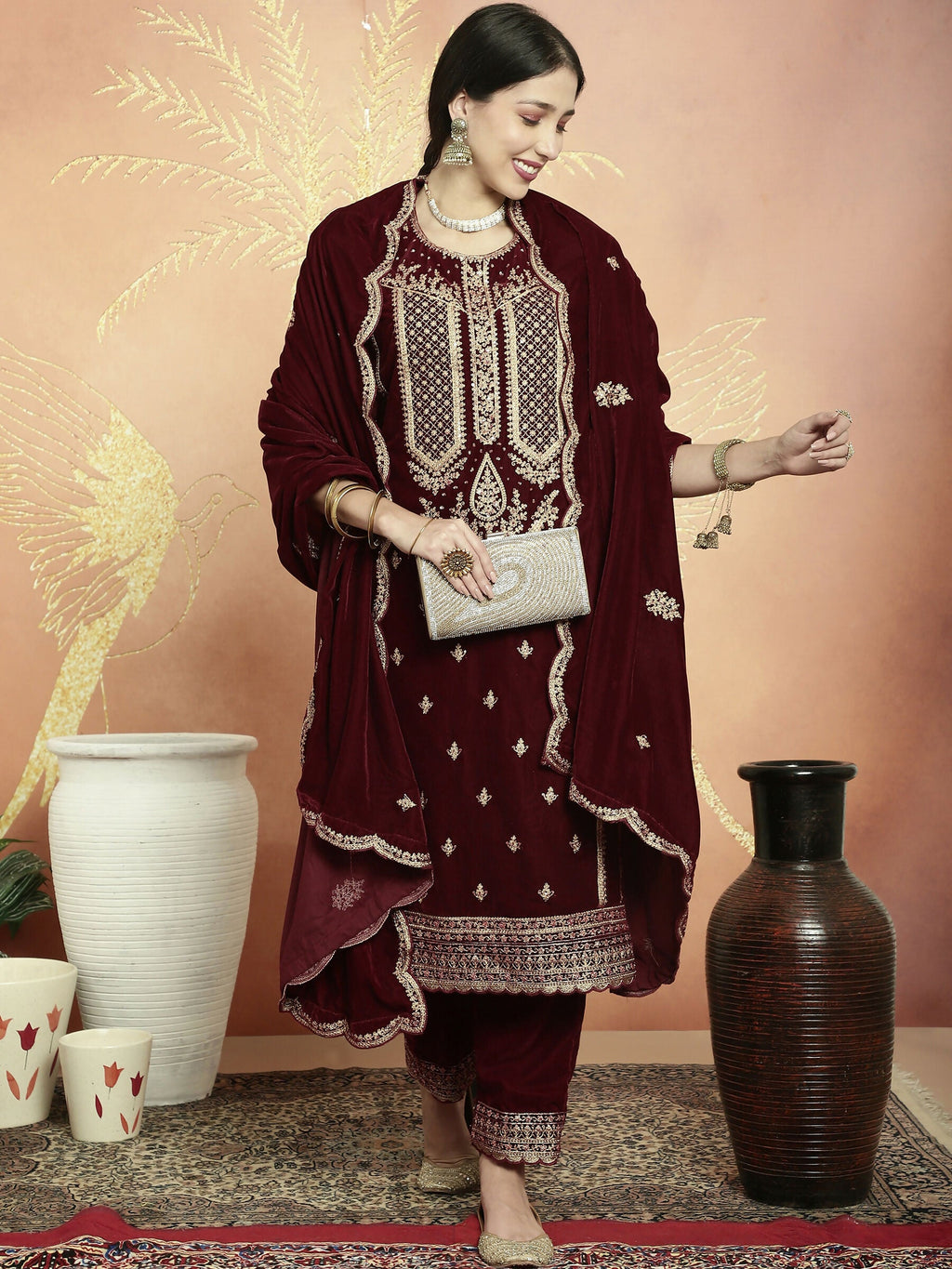 Jyoti Fashion Women's Maroon Velvet Cording with Resham Thread & Sequin Kurta with Trouser & Dupatta | Grocsy