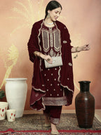 Jyoti Fashion Women's Maroon Velvet Cording with Resham Thread & Sequin Kurta with Trouser & Dupatta | Grocsy