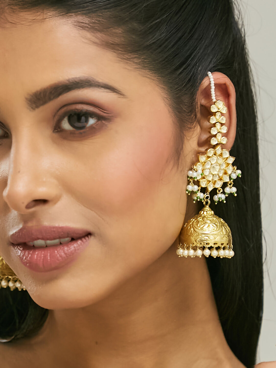 Nuyug 22K Gold-Plated Floral Jhumki Kundan Studded Kanauti Earrings | Grocsy