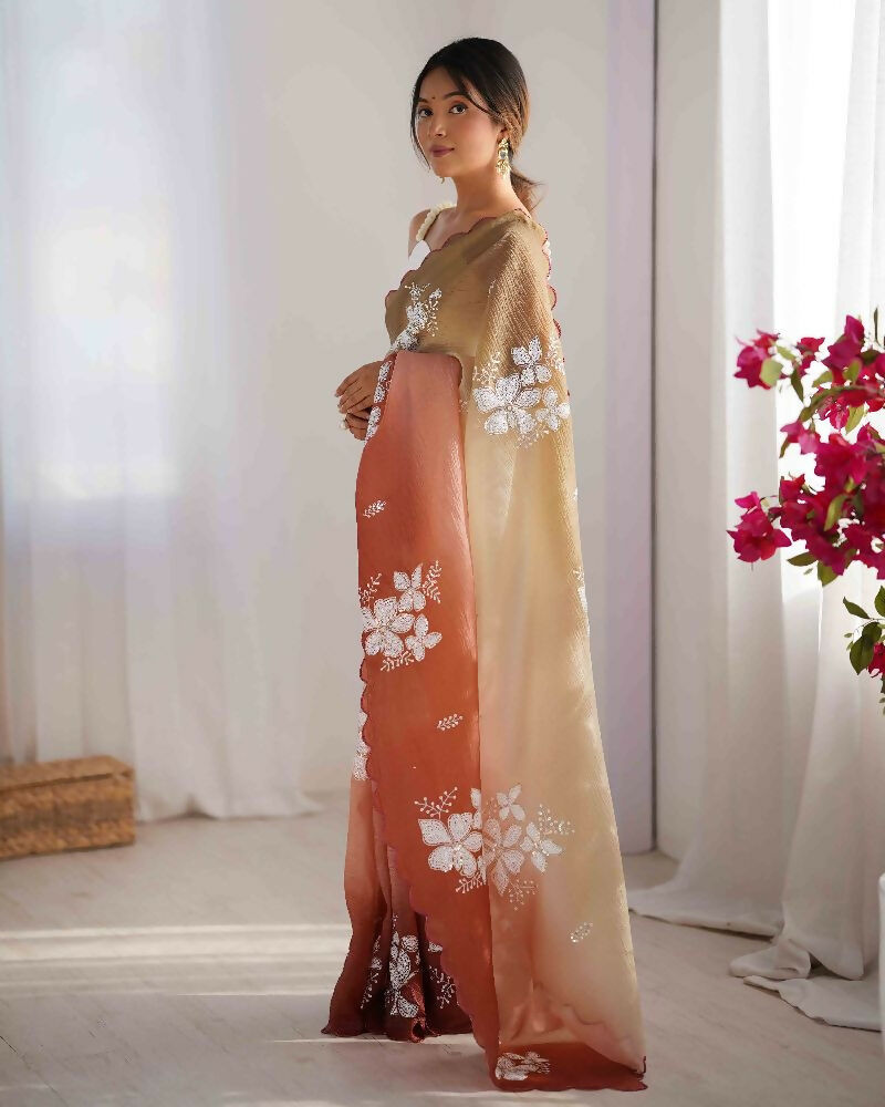 Choco and Orange Crunchy Crush Pedding Color Embroidery Work Party Wear Saree - Zuleika | Grocsy