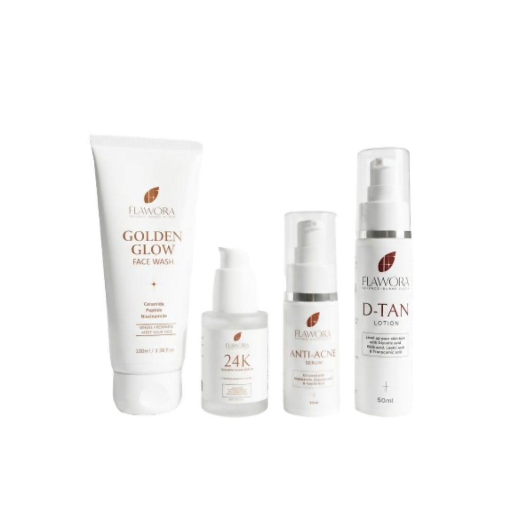 Flawora Set of Golden Glow Face Wash, Anti Acne Serum, 24k Golden Glow Face Serum and D-Tan Lotion | Grocsy