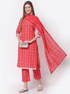 Myshka Red Color Cotton Printed Kurta With Pant Dupatta Set | Grocsy