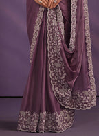 Light Purple Crepe Satin Silk Embroidered Saree With Stitched Blouse - Mohmanthan Exotica | Grocsy