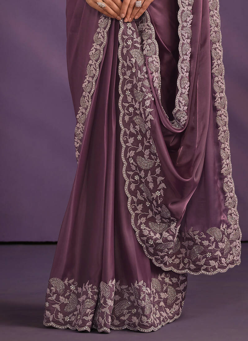 Light Purple Crepe Satin Silk Embroidered Saree With Stitched Blouse - Mohmanthan Exotica | Grocsy