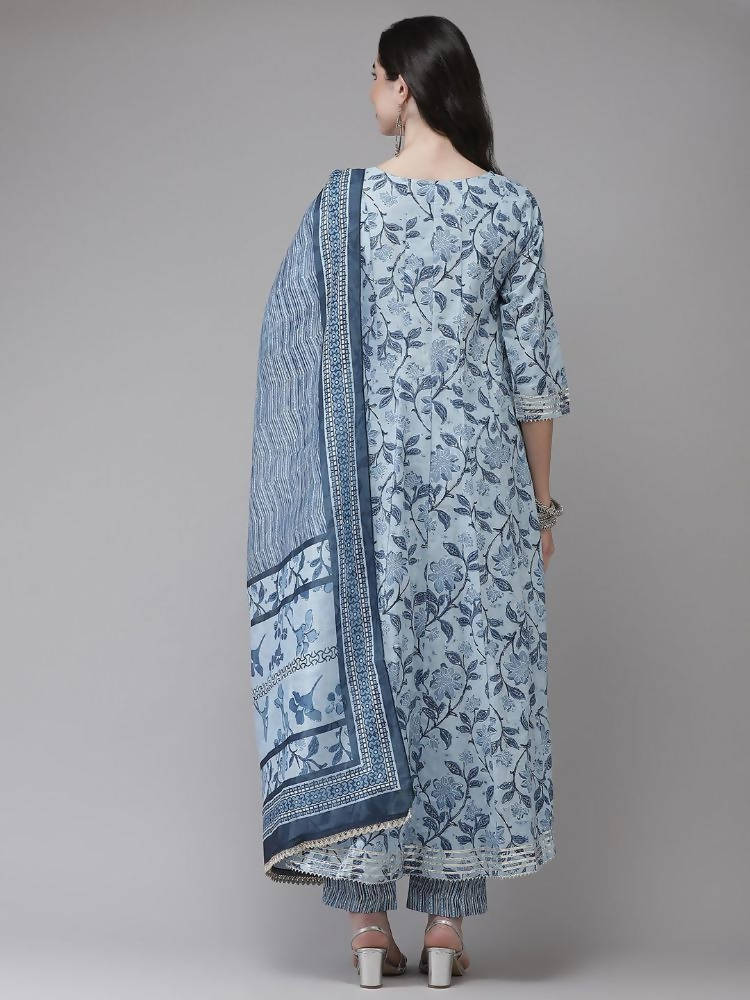 Yufta Women Blue Floral Printed Regular Pure Cotton Kurta with Trouser With Dupatta | Grocsy