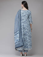 Yufta Women Blue Floral Printed Regular Pure Cotton Kurta with Trouser With Dupatta | Grocsy