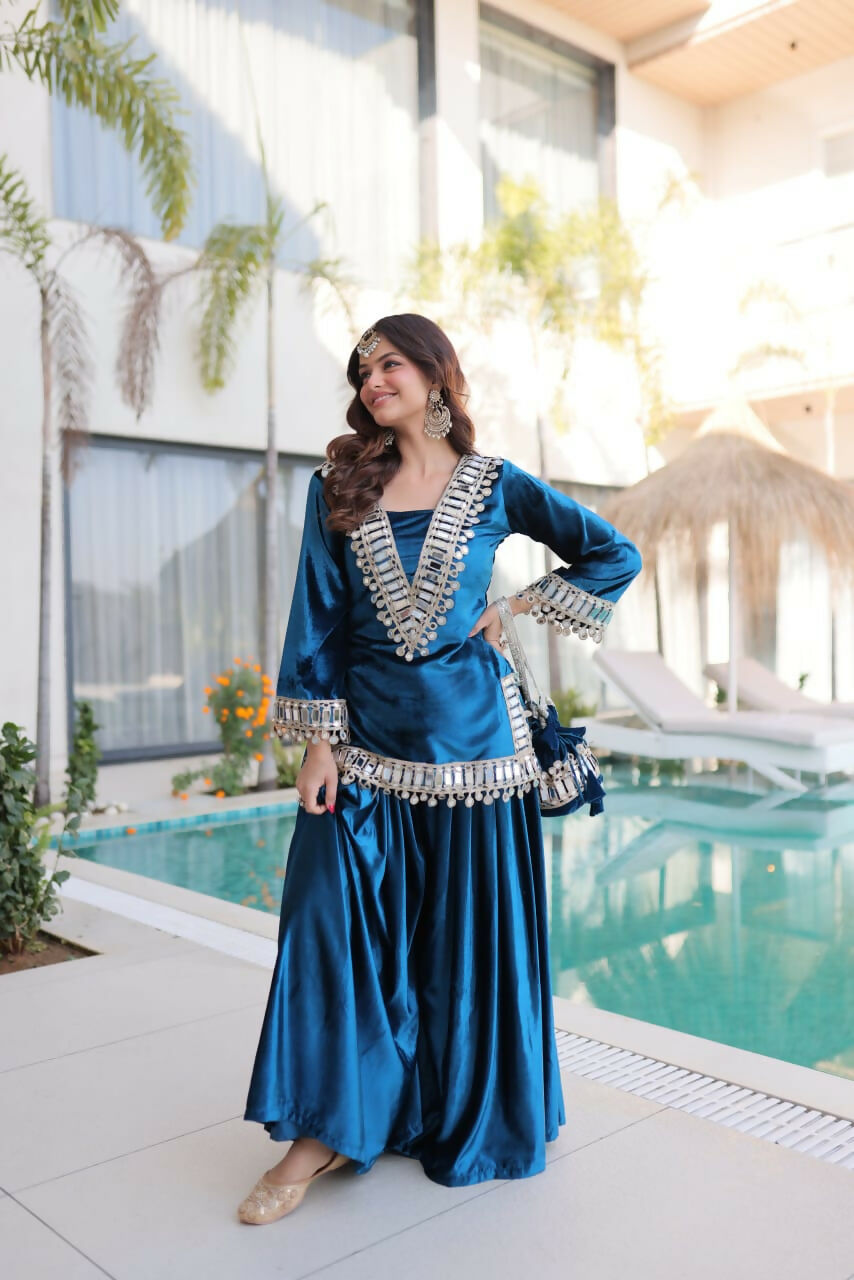 Joban Fashion Rama Velvet Embroidery Sequence Work Readymade Kurta Set | Grocsy