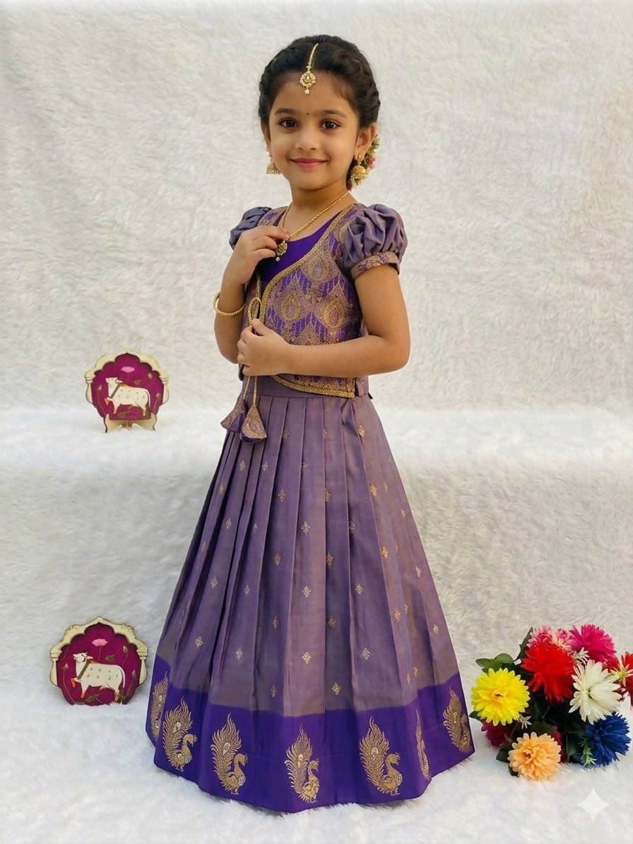 Teeya Creation New Latest Girls Purple Silk Pattu Pavadai Lehenga Choli Set With Brocade Koti-Purple | Grocsy
